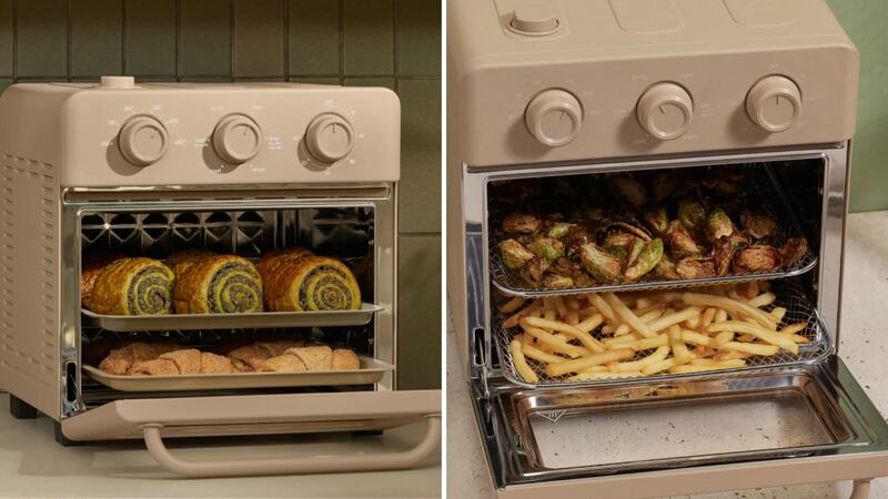 Two angles of the Our Place Wonder Oven, filled with baked goods and sides.