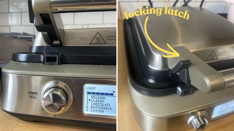 A close-up of the controls and locking latch on the waffle maker.