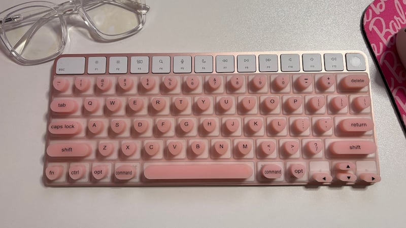 The keyboard with the cover on it on Bianca's desk.