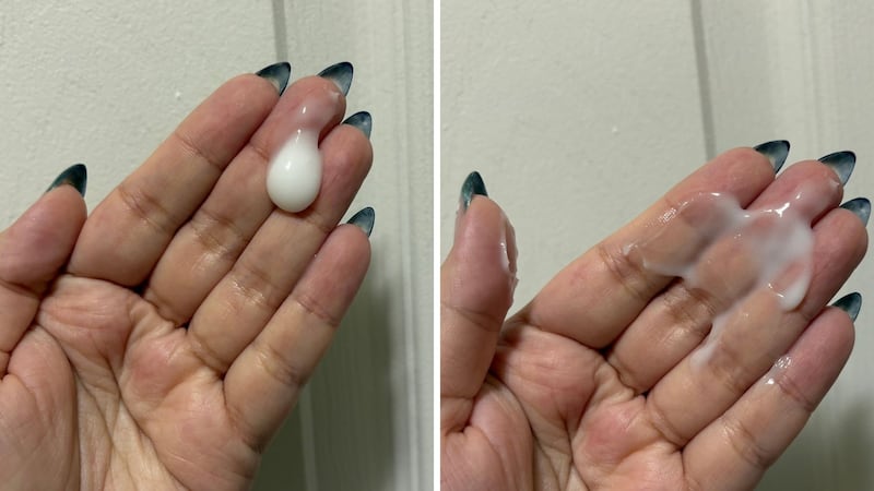 A quarter-sized amount of the Nexxus Blow Dry cream in Bianca's hand