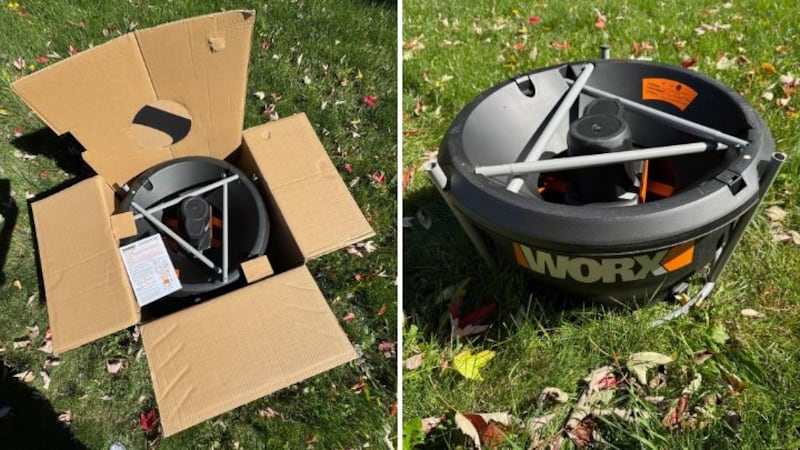 Split image of the WORX 13 Amp Electric Leaf Mulcher in a box