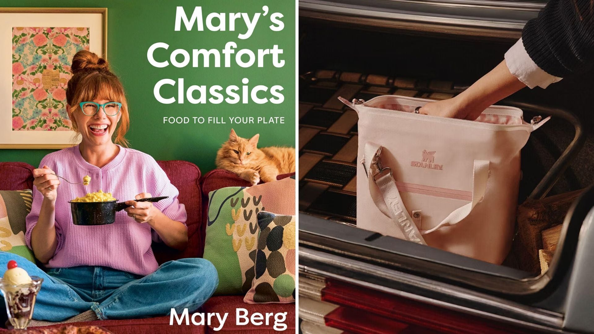 a split image of a cook book and a cooler bag in a car trunk