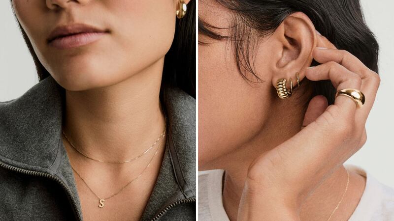 A person wearing Mejuri necklaces and a person wearing Mejuri earrings.