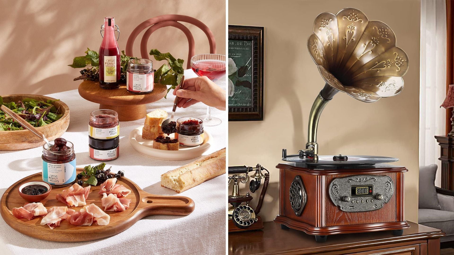 a split image of charcuterie boards on a table and a vintage phonograph record player on a table