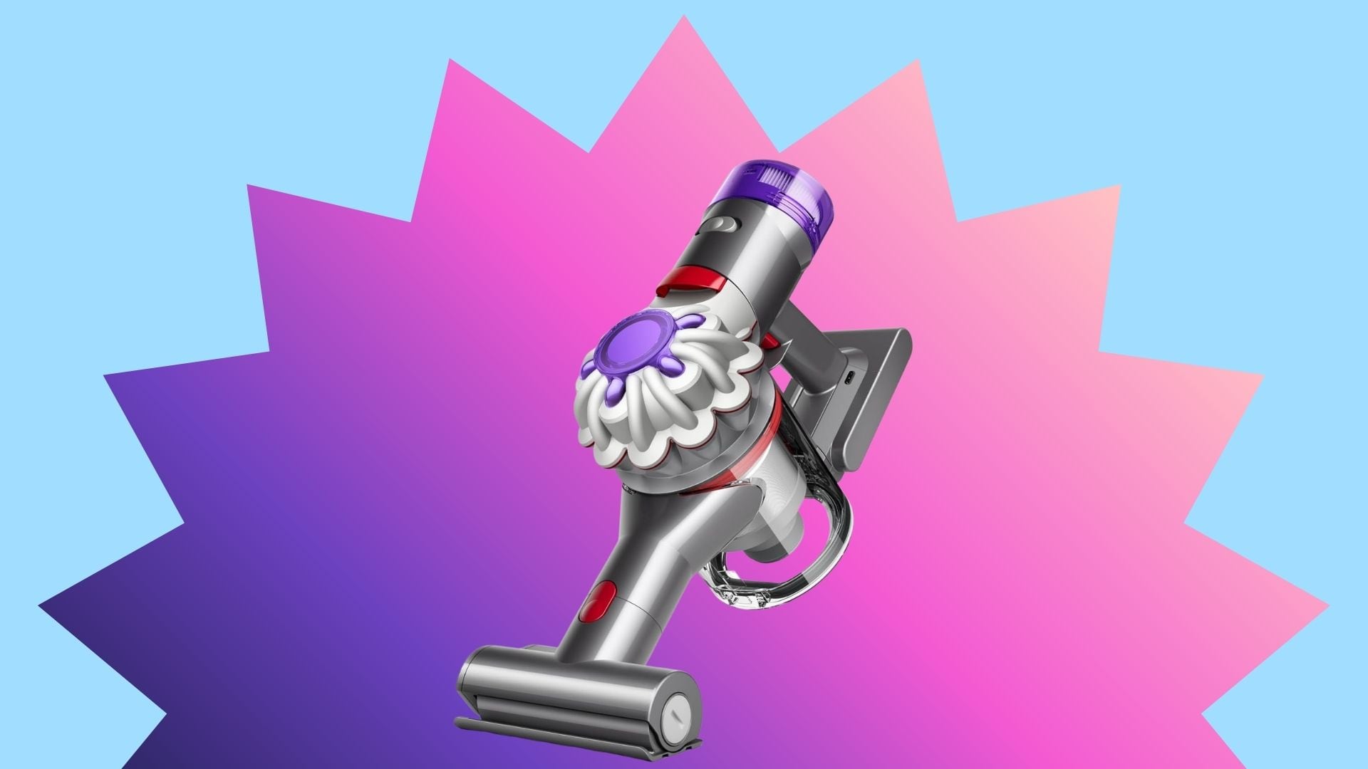 A Dyson vacuum on a gradient sunburst.