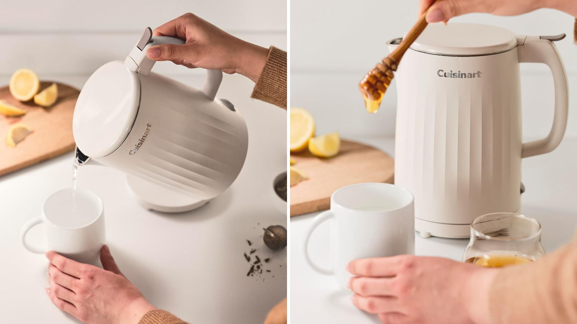 A person pouring water into a mug from the Cuisinart Soho Electric Kettle.