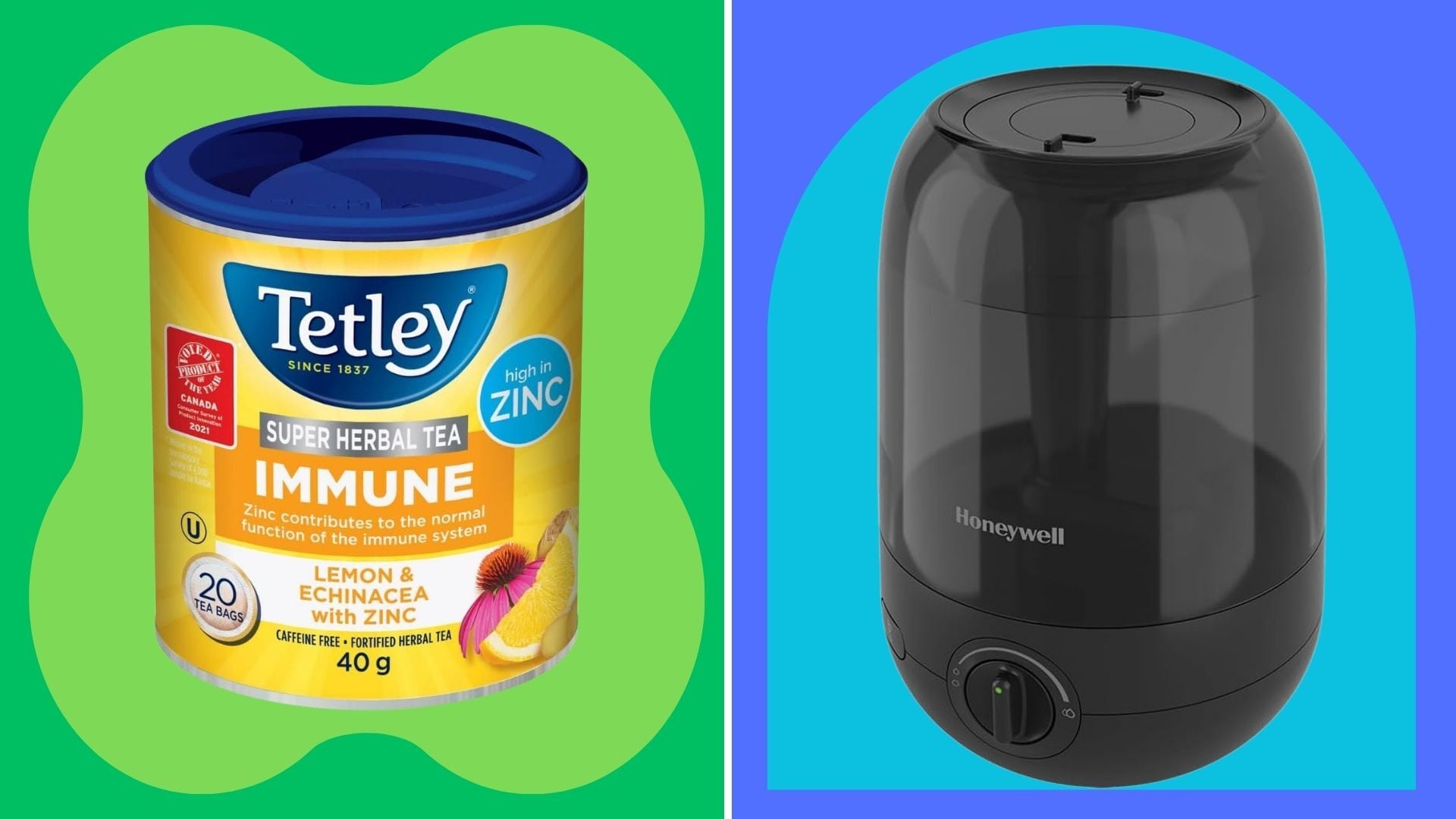 a pack of tea and a humidifier with a bright and colourful background