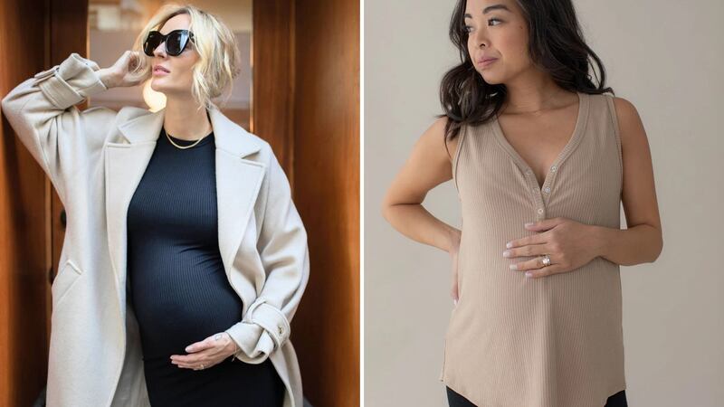 A person wearing a black bodycon maternity dress and a person wearing a maternity tank.