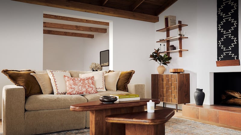 a fully decorated mid century modern living room