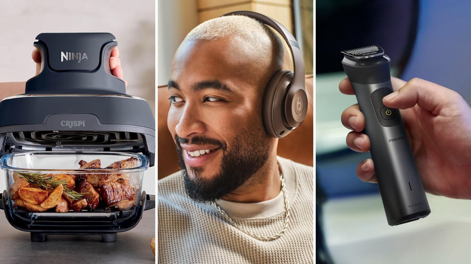 A Ninja air fryer, a person wearing Beats headphones, and a person holding a Philips razor.
