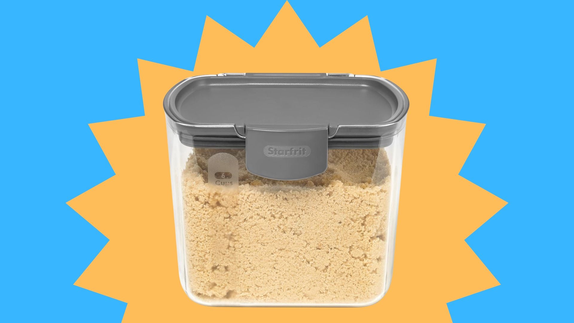 The brown sugar container on a blue and yellow starburst background.
