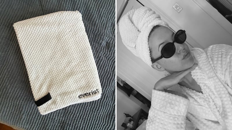 The folded Everist hair towel and Alice Wearing the Everist hair towel.