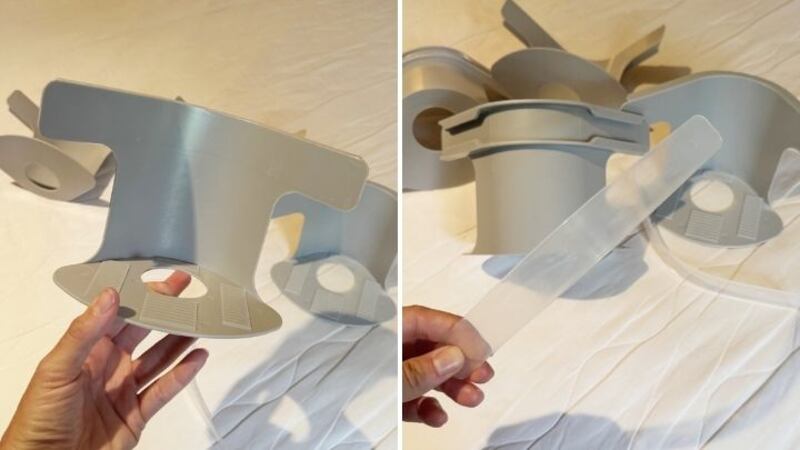 Split image of 4 grey bed sheet holder corners