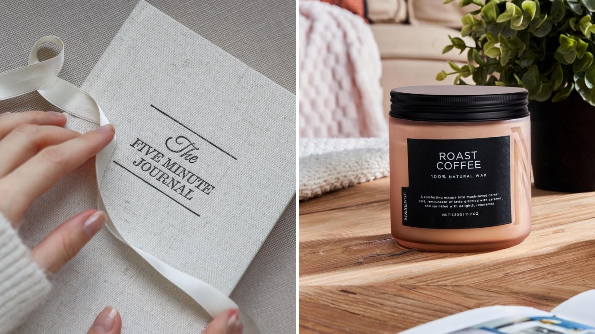 a split image of a journal and a candle