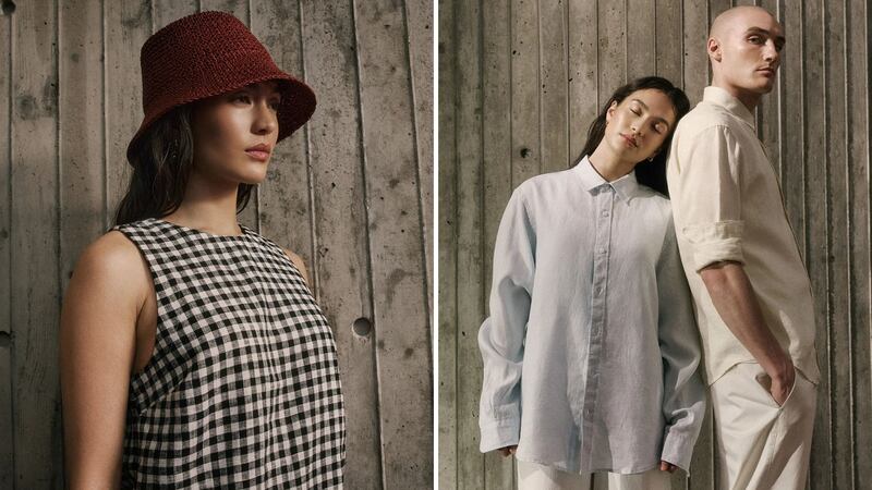 A person wearing a checkered blouse and bucket hat, and a couple wearing matching shirts. All items are from RW&CO.