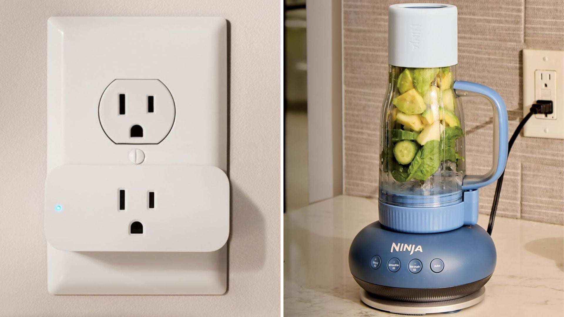 An Amazon smart plug and a portable Ninja blender.