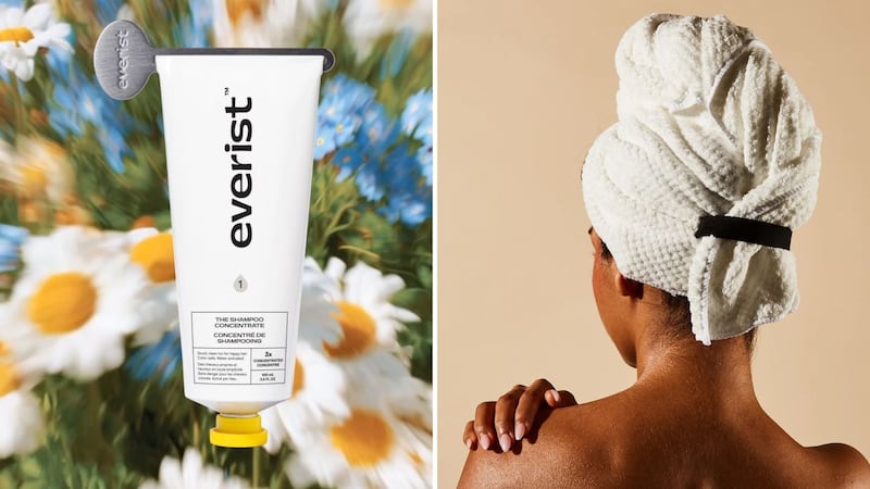 a split image of a shampoo tube with flowers and a model with their hair tied up in a towel