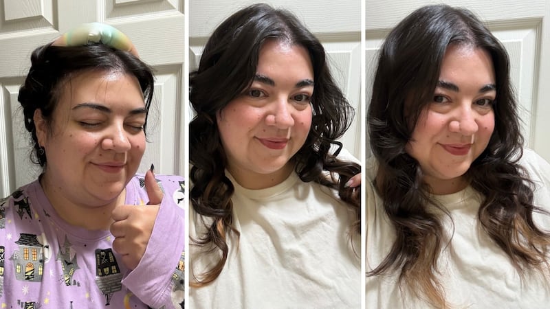 Bianca after sleeping with the Kitsch Heatless Curling set in her hair all night, the curls fresh from the set, and the curls once they are brushed out and styled