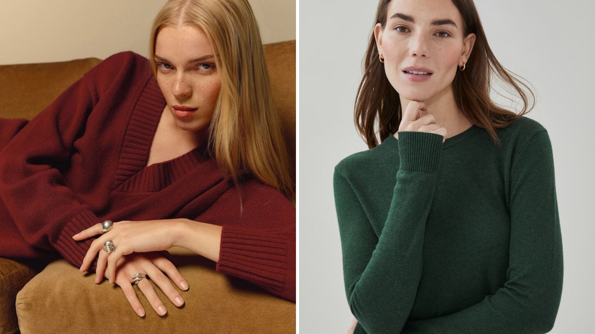 A person wearing a Reformation cashmere sweater and a person wearing a Joe Fresh cashmere blend sweater.