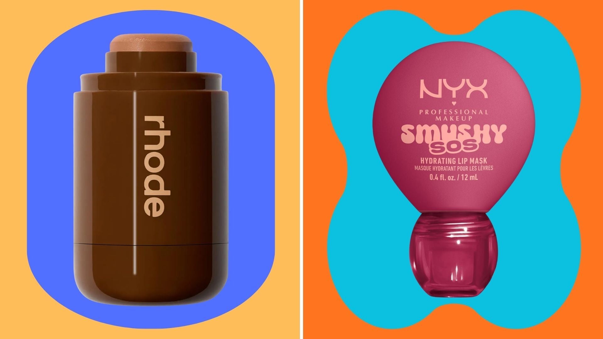 a stick bronzer and lip mask with a bright and colourful background