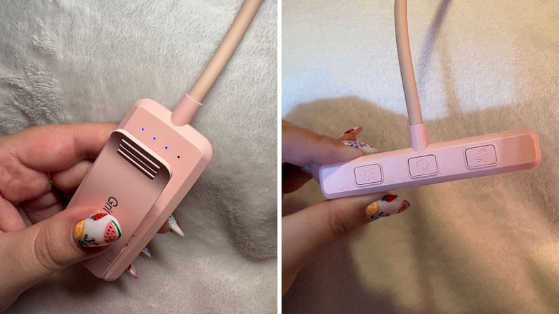 The battery level lights on the back of the book light (left image), and the buttons on the top of the lamp (right image)