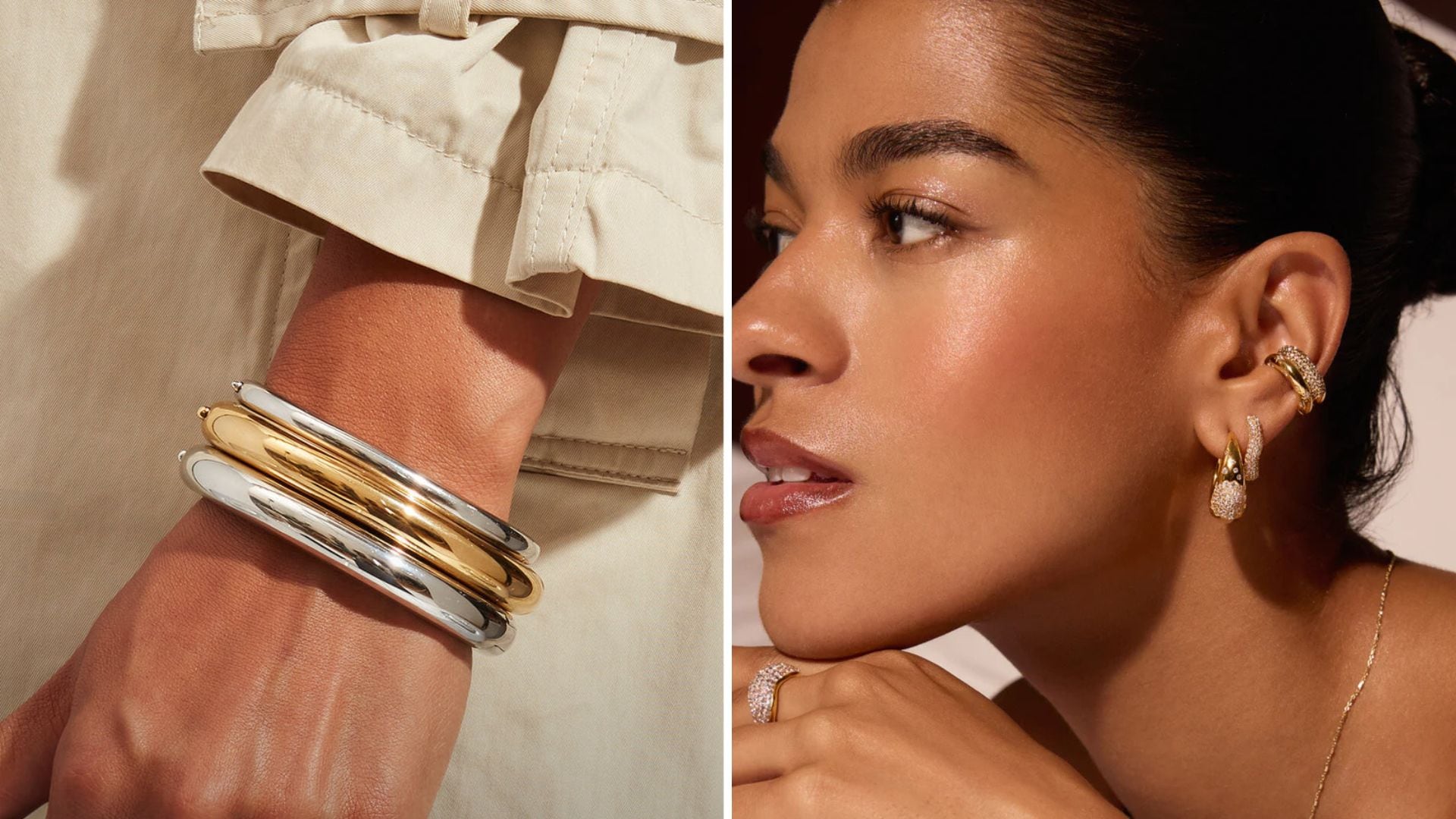 A person wearing Jenny Bird bangles and a person wearing Hillberg & Berk jewellery.