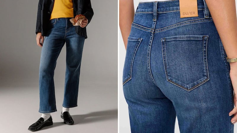 A model wearing Performance Denim+ High Rise Straight Jean.