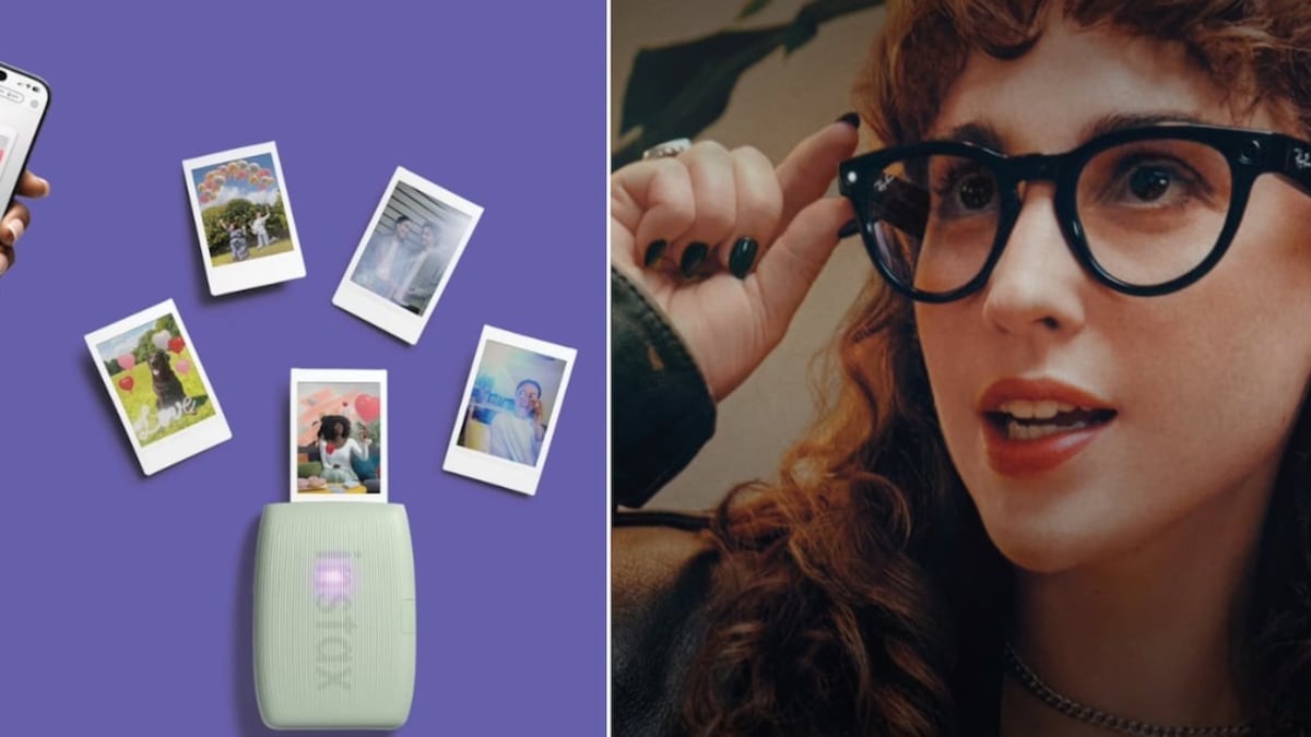 a split image of an instant photo printer and a person wearing Meta glasses