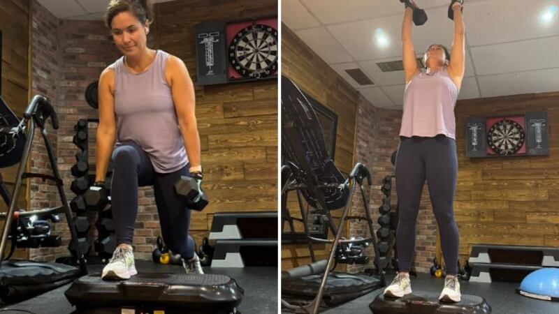 Split image of Valérie Sardin training with the Lifepro Waver Vibration Plate