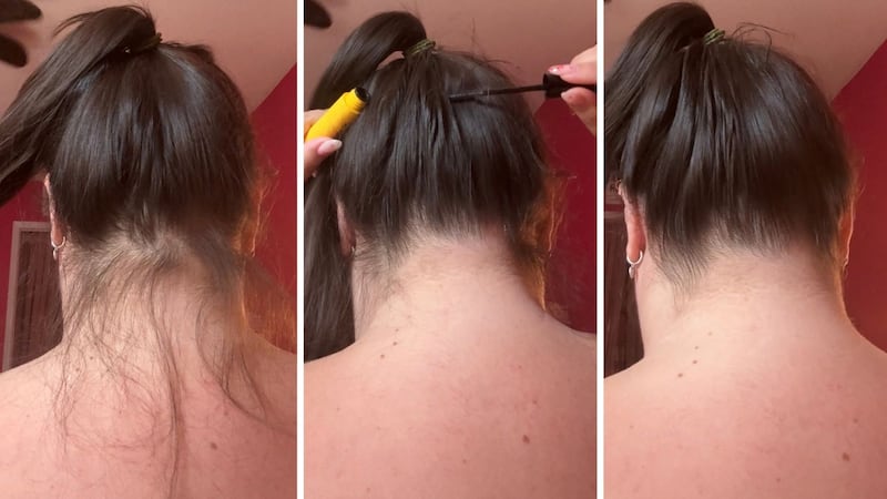 Three photos of Bianca using the gel on her hairline