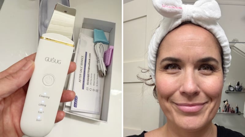 Valérie Sardin holding the exfoliant tool and showing her face before testing the product