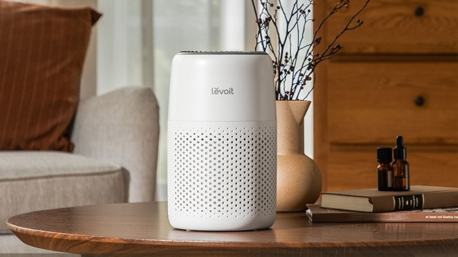 An air purifier on a table.