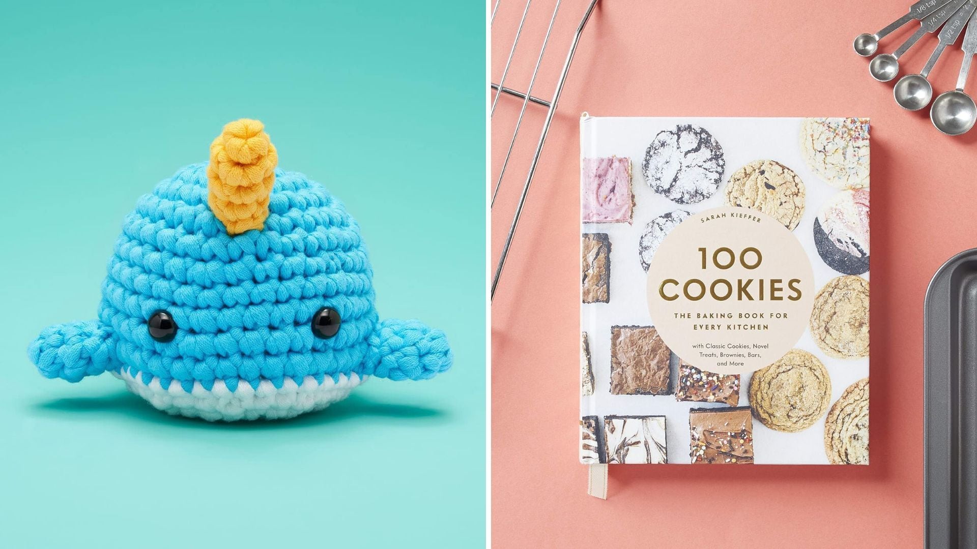 a crochet narwhal and a cookie cookbook with bright and colourful backgrounds