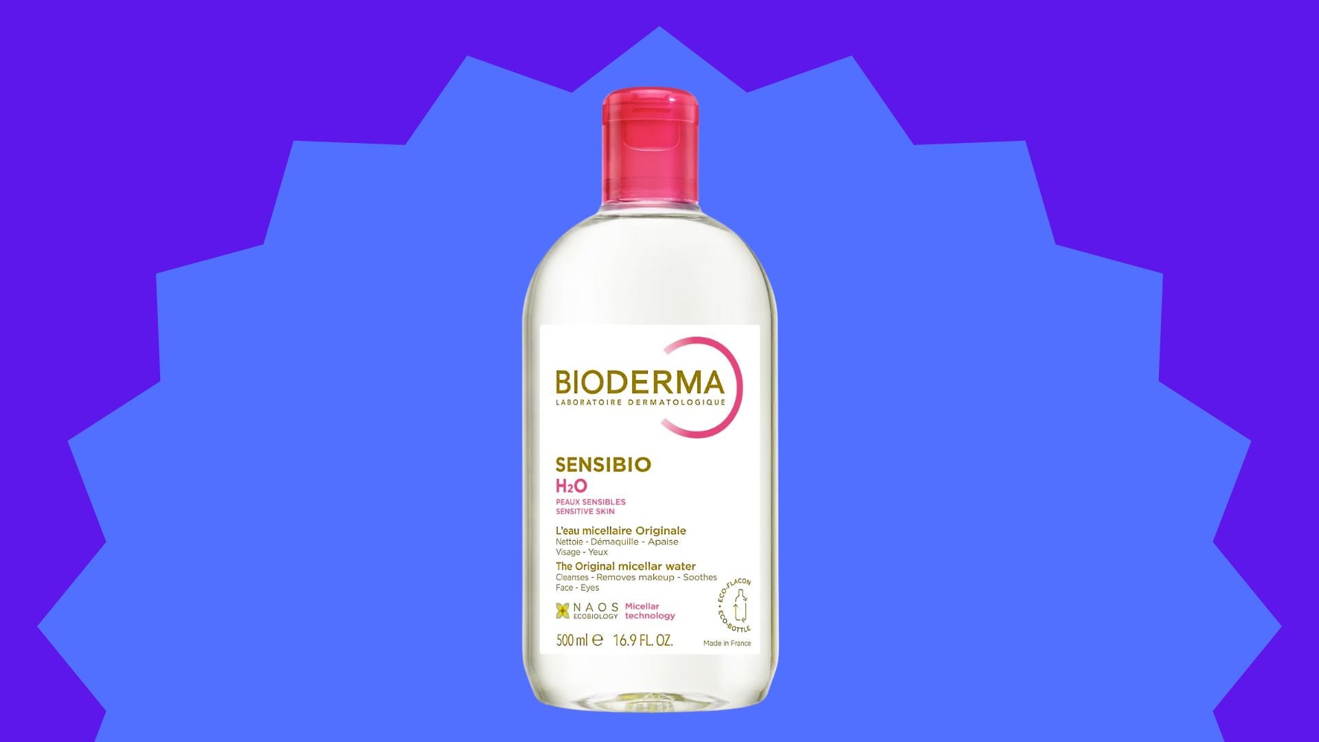 Bioderma Sensibio H2O Micellar Water in a blue sunburst.