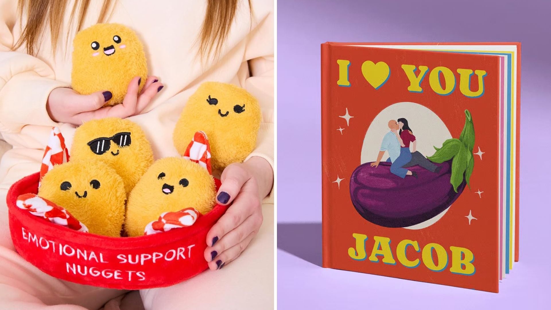 A person holding emotional support chicken nuggets and a custom book.