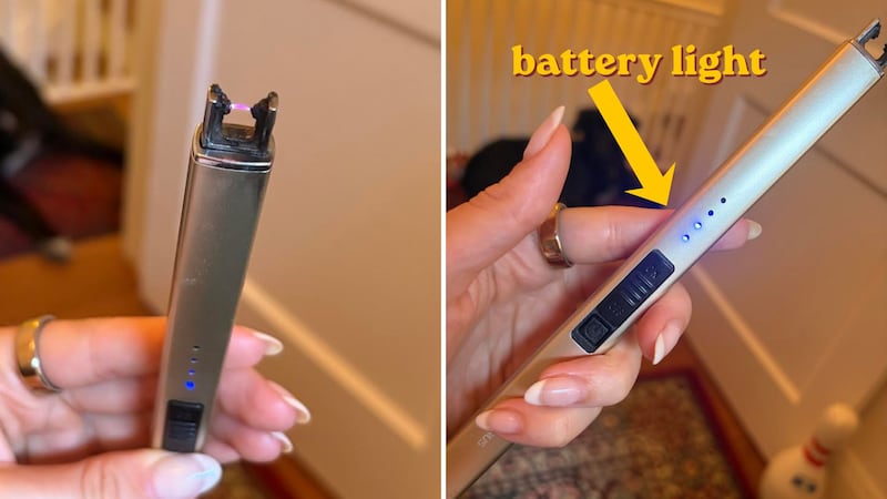 Alice is holding the lighter, showing the current and battery lights.