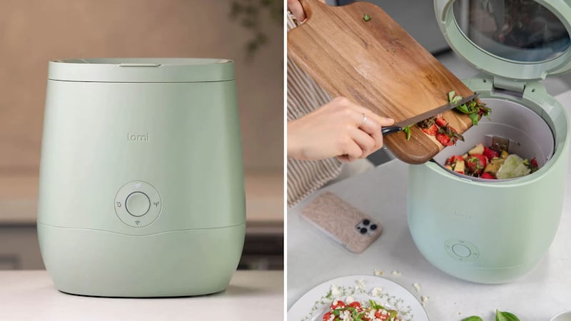 a split image of the composter on a counter and someone putting food scraps into it