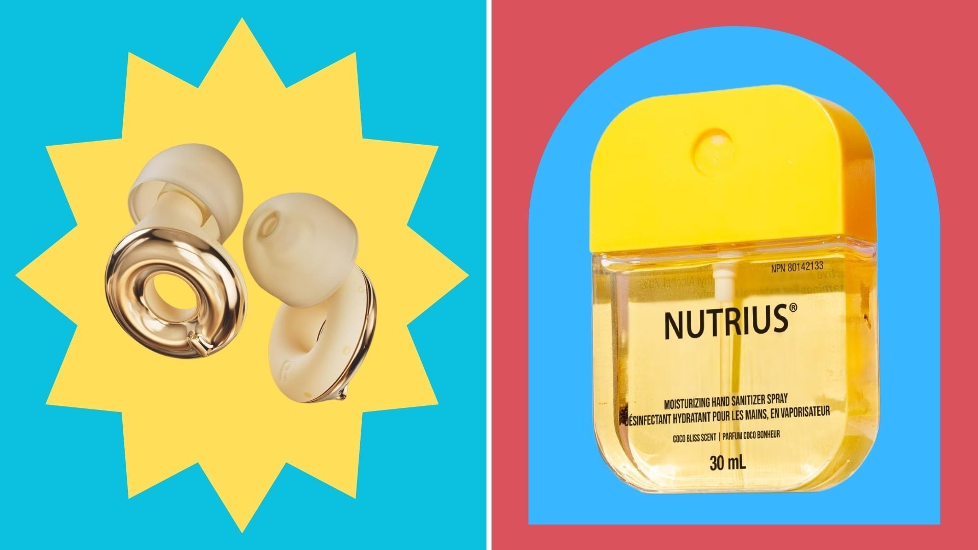 a pair of golden ear plugs and a bottle of spray hand sanitizer with a bright and colourful background