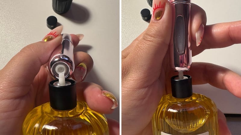 Bianca using lining up the mini atomizer with the nozzle on the perfume bottle and pumping the liquid into the mini atomizer
