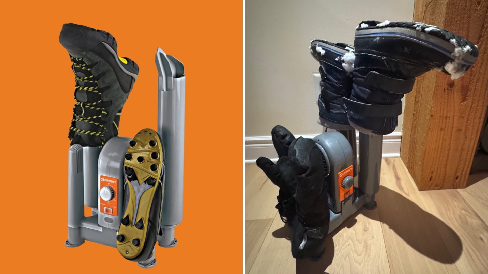 Boots and gloves hanging on the DryGuy DX Force Air Dryer