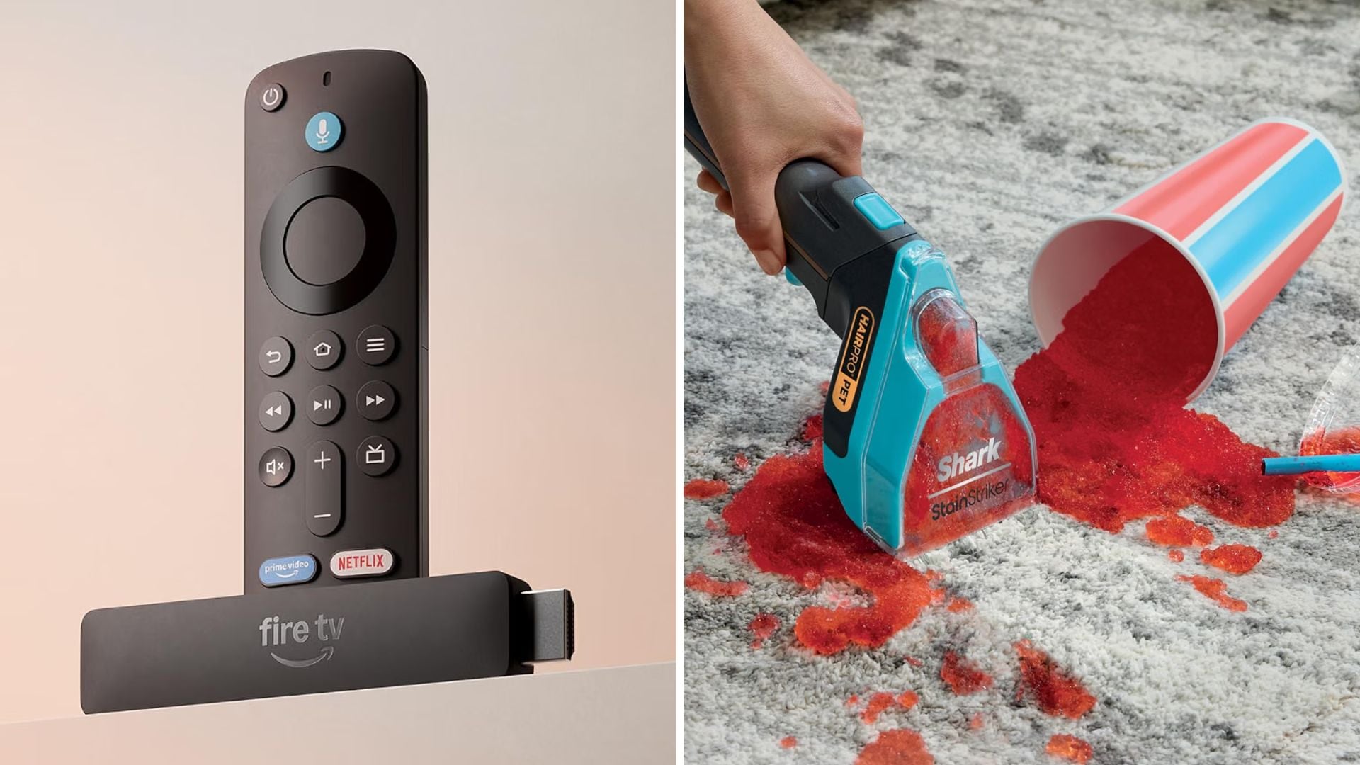 An Amazon Fire Stick and a Shark StainStriker cleaning up a spilled slushie.