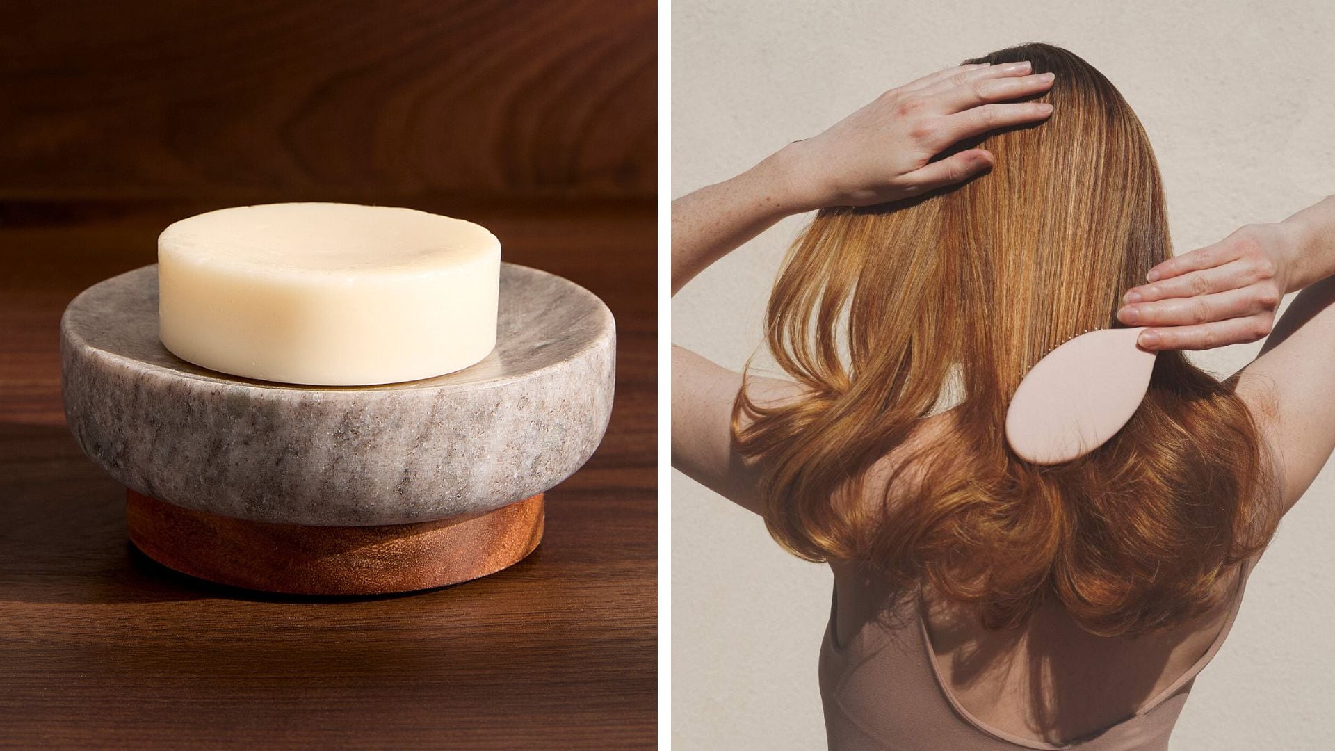 A marble and wood soap dish and a person brushing their hair with a Dae hair brush.