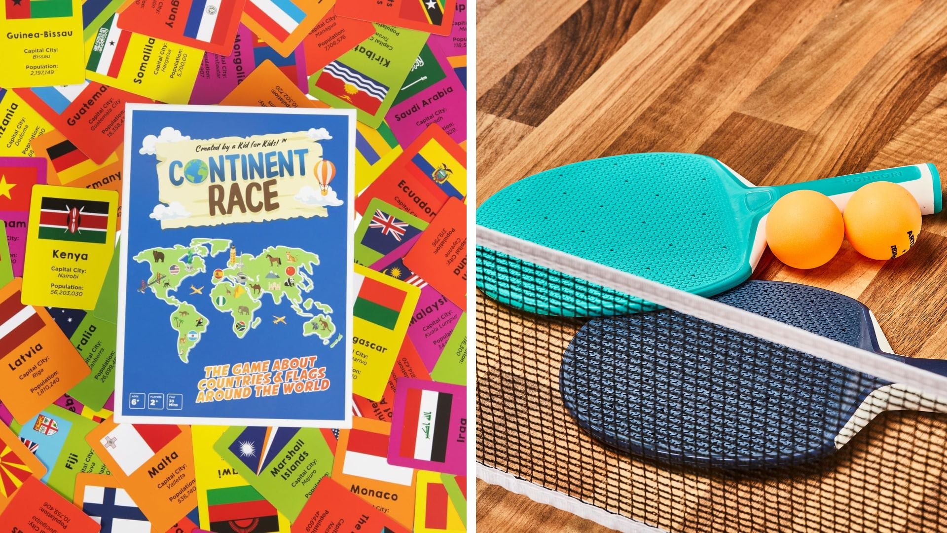 Continent Race board game and a travel ping pong set.