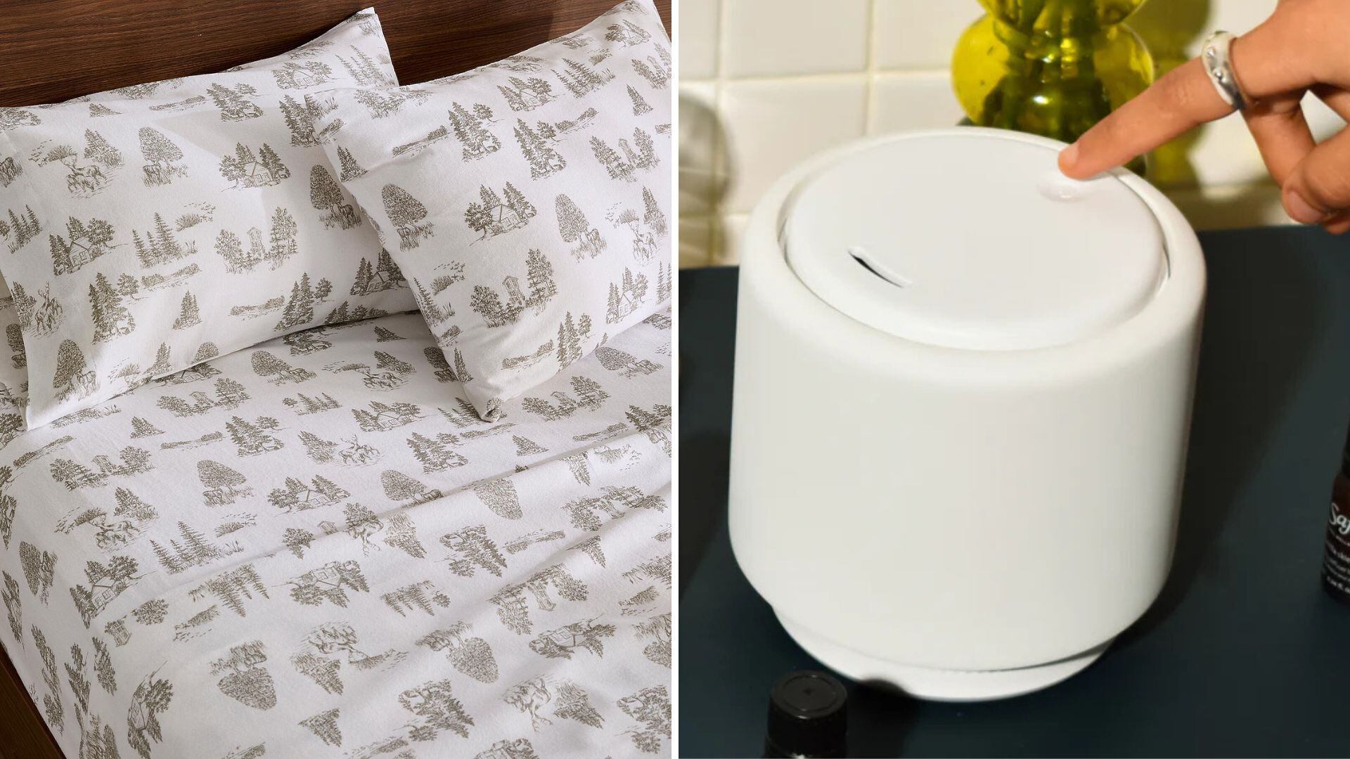 a split image of flannel sheets on a bed and a diffuser on a table