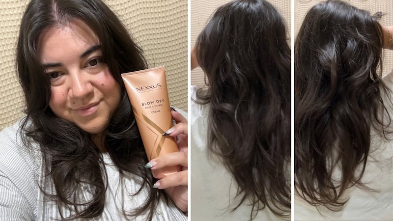 The front and back of Bianca's hair after a blow out using the Nexxus Blow Dry Cream