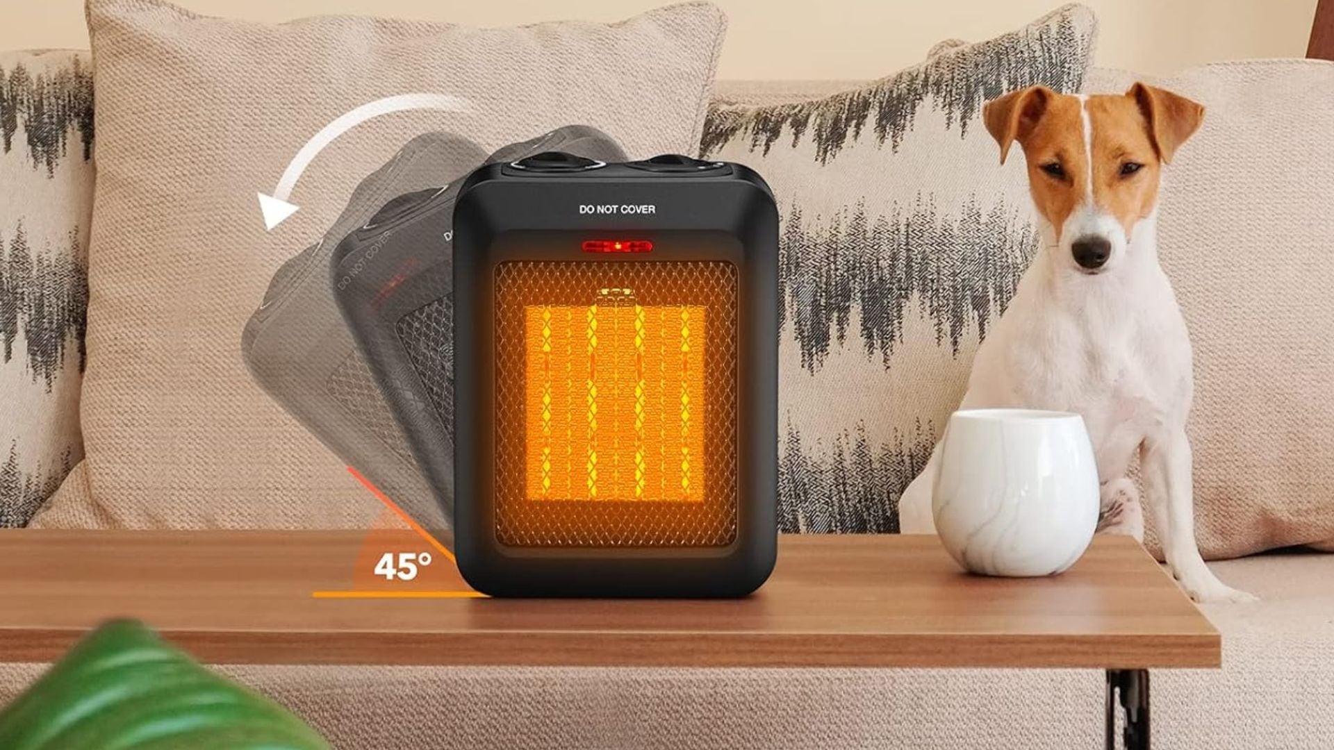 A table-size space heater on a coffee table.