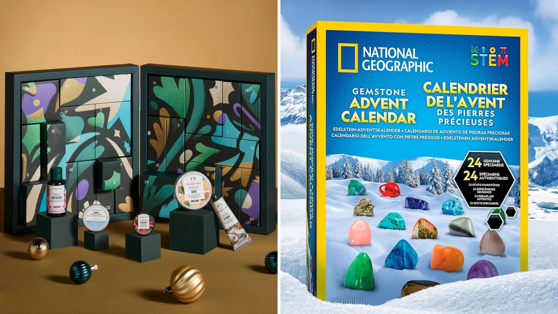 The Body Shop Advent Calendar and the National Geographic Gemstone Advent Calendar.
