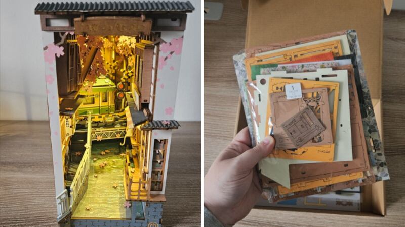 Split images of Rolife DIY Sakura Densya Book Nook