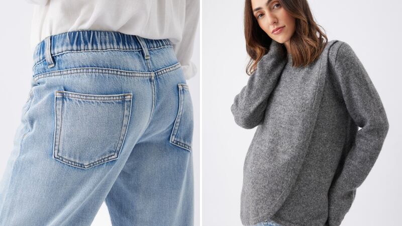 A person wearing pregnancy jeans and a person wearing a nursing sweater.