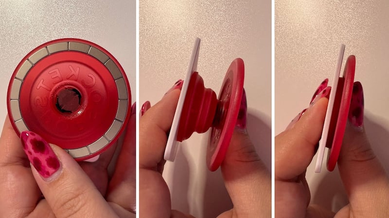 The back of the grip with the top locked into place, the side of the grip when extended, and the side of the grip closed.